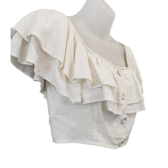 BCBGeneration Off The Shoulder Crop Top Women's XXS 2XS Ivory Ruffled Button NEW - Picture 2 of 11